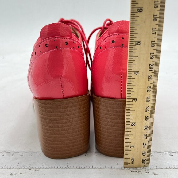 FOWT Pink Women's Perforated Lace-Up Oxfords Almond Toe Mid Chunky Heel Shoes - Picture 5 of 8